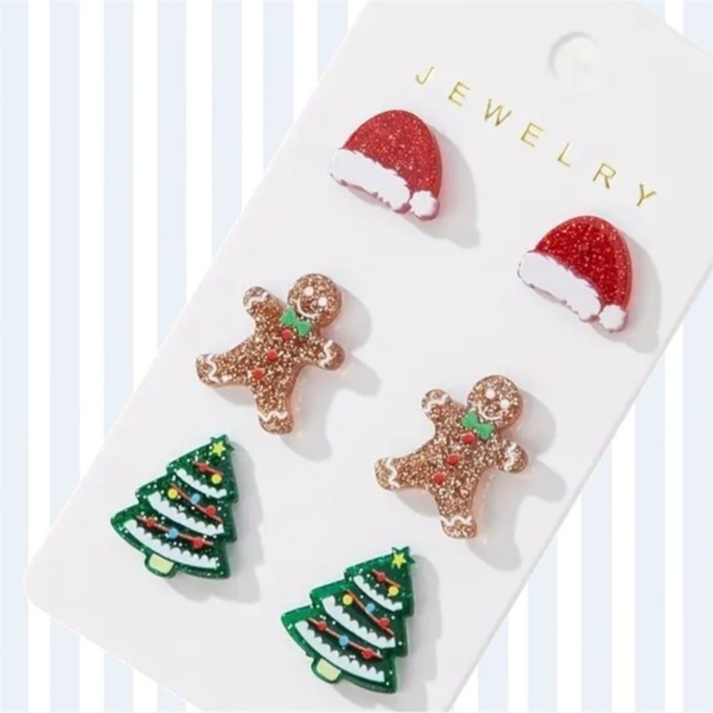 🎄 Christmas Stud Earrings Set (3 Pairs) –Santa Hat, Gingerbread, Christmas Tree